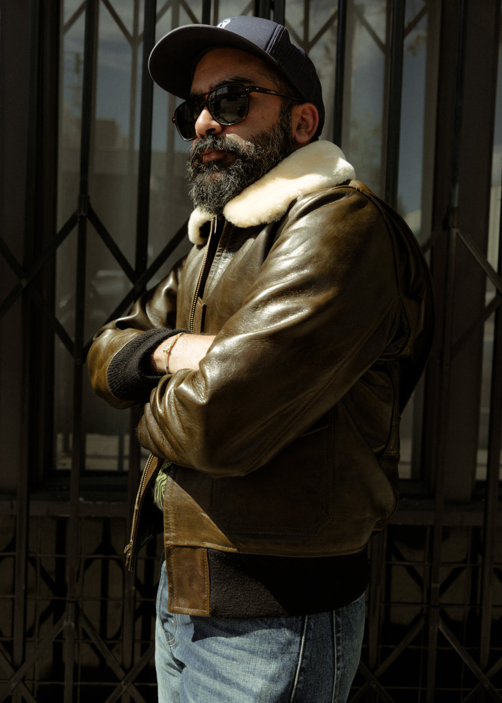 Man wearing Double Helix x SOP Virgil G-1 Flight Jacket in Olive