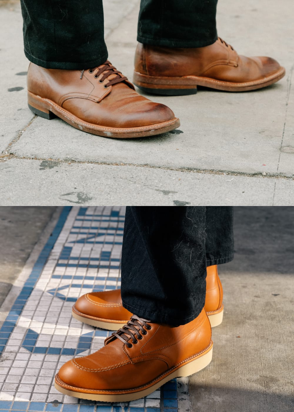 Brown leather shoes worn with black pants on a sidewalk.
