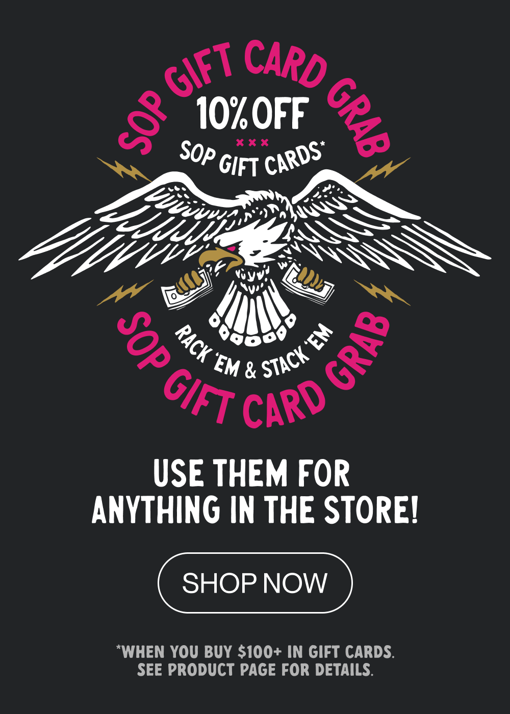 Promotional graphic for Sop Gift Cards on a dark charcoal background, featuring a large white eagle illustration with pink and white text offering 10% off and a 'SHOP NOW' button.