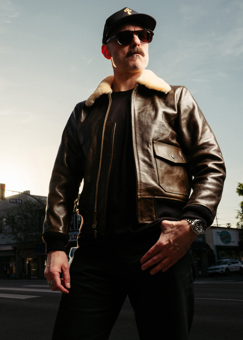 Man wearing Double Helix x SOP Virgil G-1 Flight Jacket in Olive