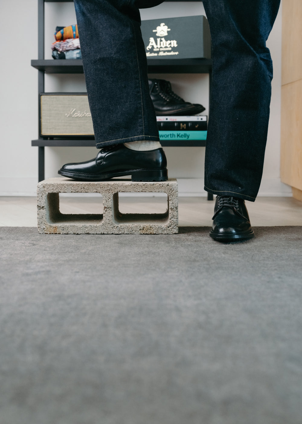 Person wearing black shoes stepping onto a concrete block with shelves in the background.