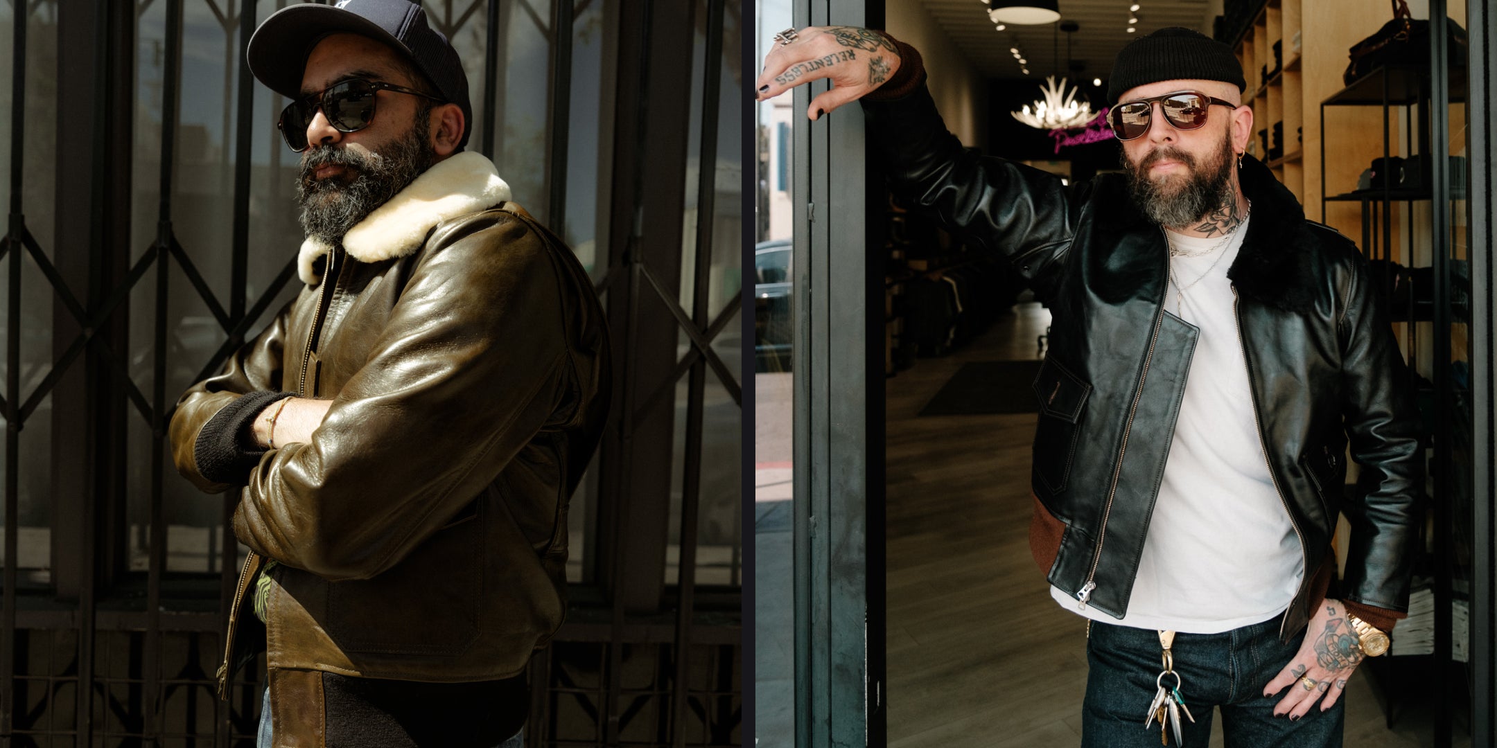 Men wearing Double Helix x SOP Virgil G-1 Flight Jackets in Black and Olive