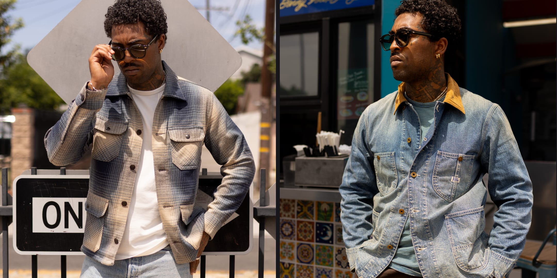 A side-by-side comparison of a man wearing a light blue denim button-up shirt with a yellow collar in two different outdoor settings.