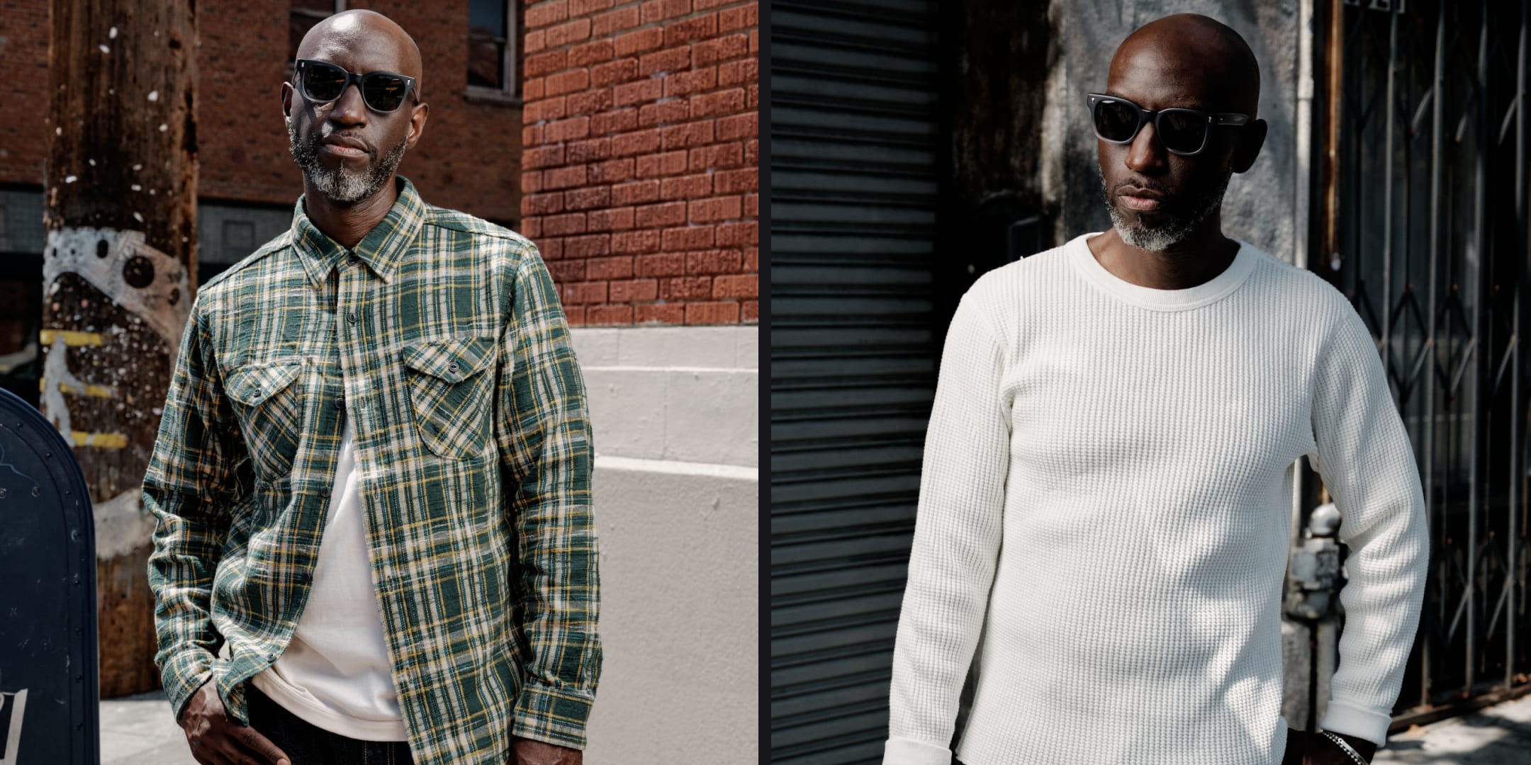 A split-screen lifestyle image showing a man in two different outfits: on the left, wearing a green and yellow plaid button-down shirt over a white t-shirt; on the right, wearing a white ribbed long-sleeve crewneck sweater. He is wearing sunglasses in both photos, set against urban alleyways.