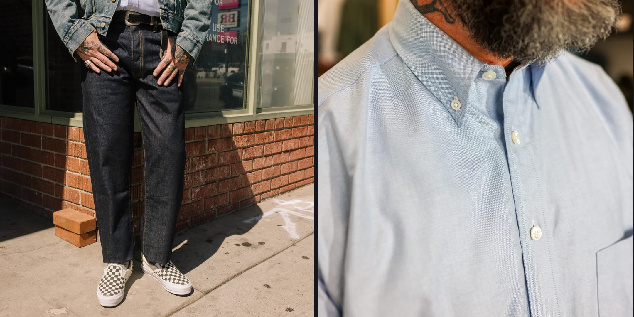 A split-screen lifestyle image showing a person wearing dark washed denim jeans on the left, paired with a denim jacket and slip-on shoes, and a close-up of a light blue button-down shirt on the right.