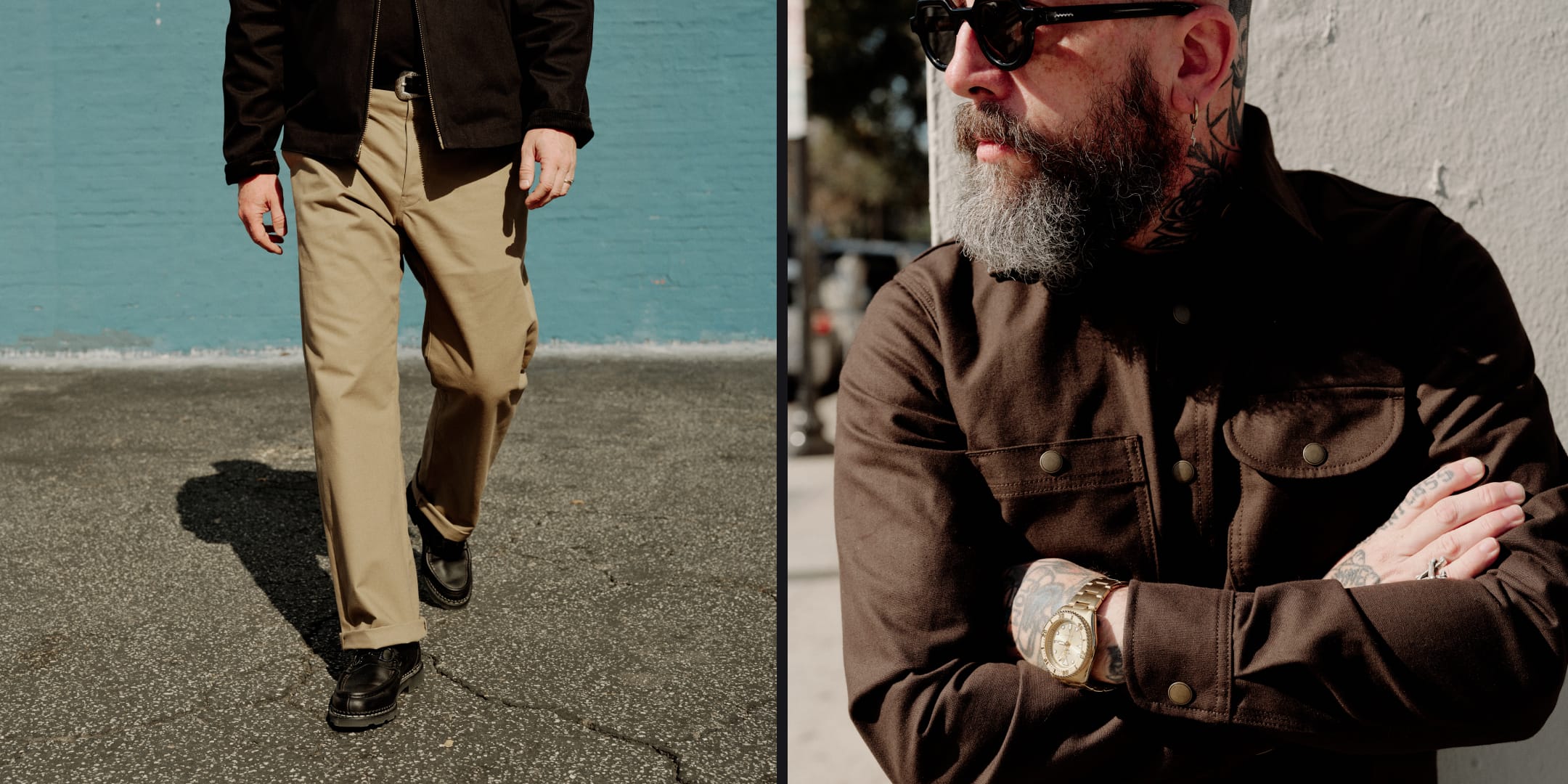 A split-screen lifestyle image showing a man wearing tan chinos and a dark brown jacket outdoors. The left panel shows him from the waist down walking against a teal wall, and the right panel shows a close-up of him wearing sunglasses, a gold watch, and the jacket against a light gray wall.