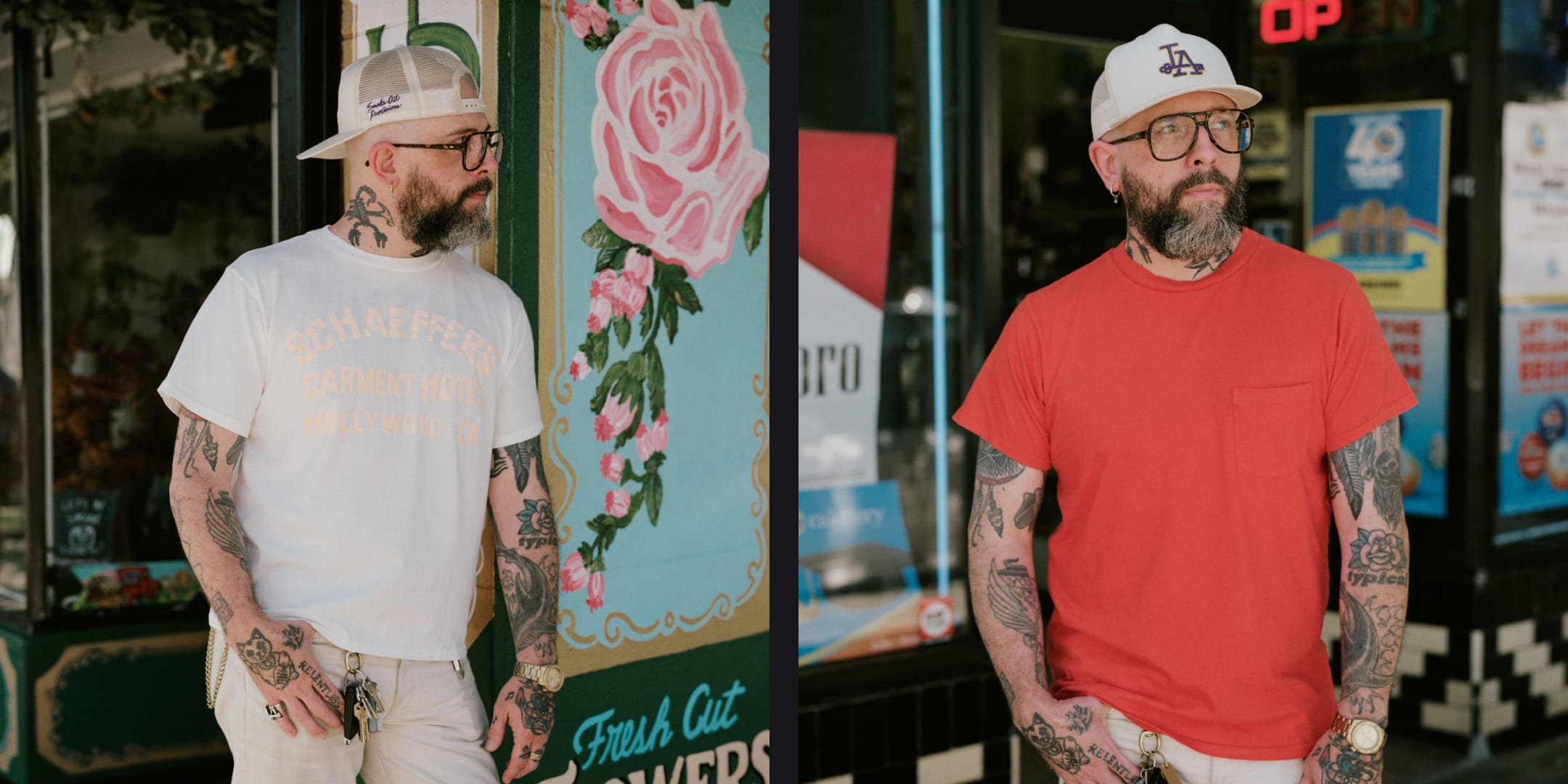 Two tattooed men standing outside a storefront. The man on the left wears a white graphic T-shirt, beige pants, and a beige cap.