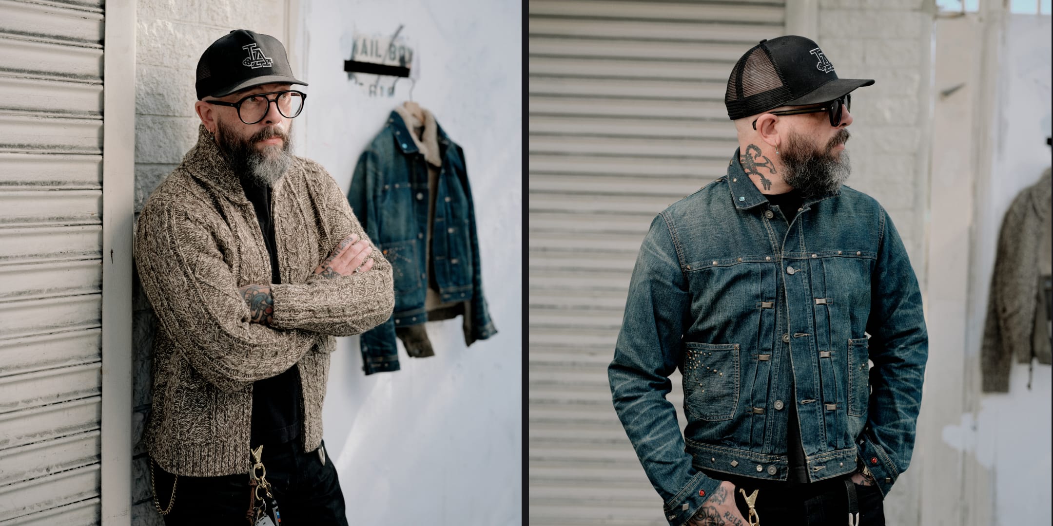 A split-screen lifestyle image showing two bearded men wearing denim jackets in an urban alleyway next to metal roll-up doors. The man on the left wears a chunky knit beige cardigan over a black shirt and a black cap, while the man on the right wears a dark blue denim jacket, a black trucker cap, and sunglasses.