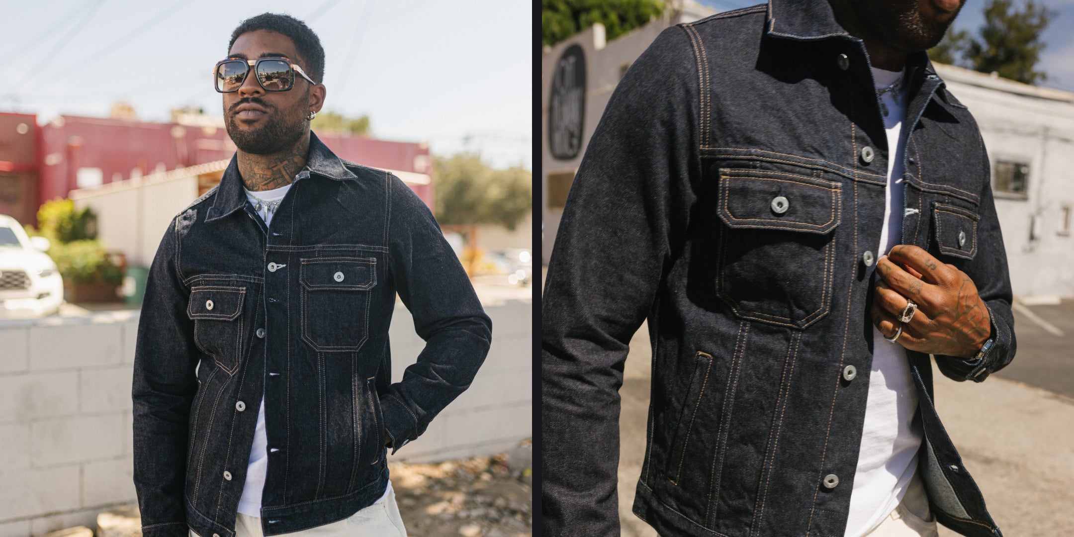 Man wearing an indigo denim jacket outdoors with a blurred background
