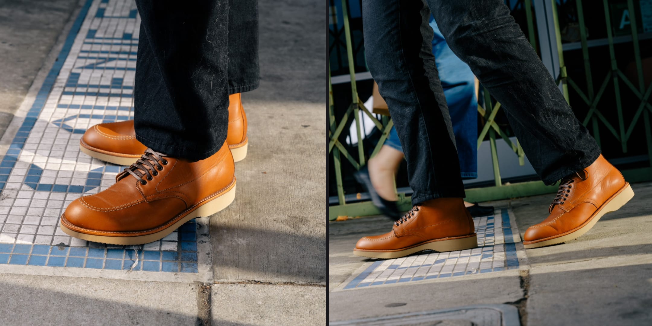 Brown leather shoes worn by a person on a city street.