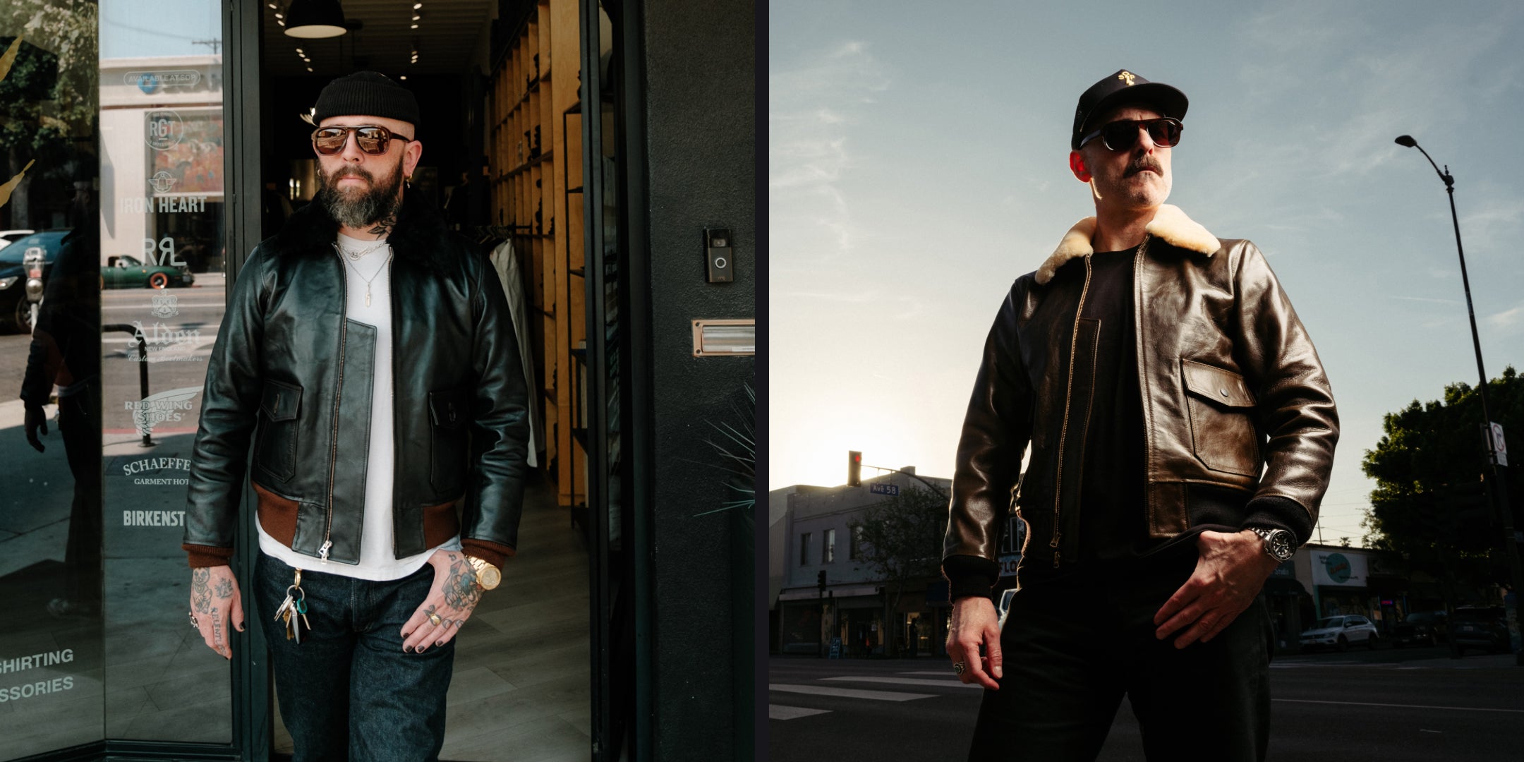 Men wearing Double Helix x SOP Virgil G-1 Flight Jackets in Black and Olive