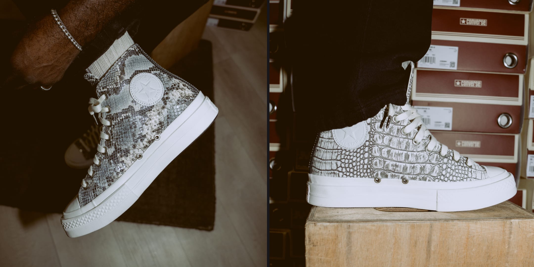 Closeup of animal print converse first string hi-top shoes