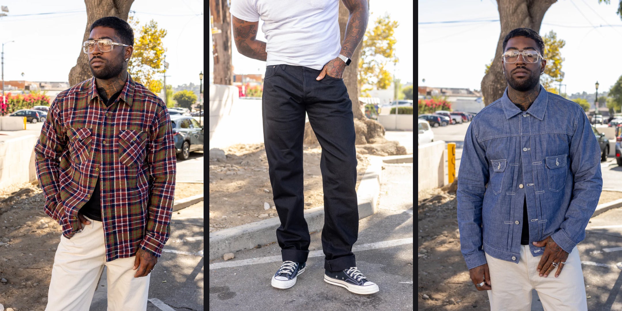 Three different outfits worn by a person outdoors with cars and trees in the background.