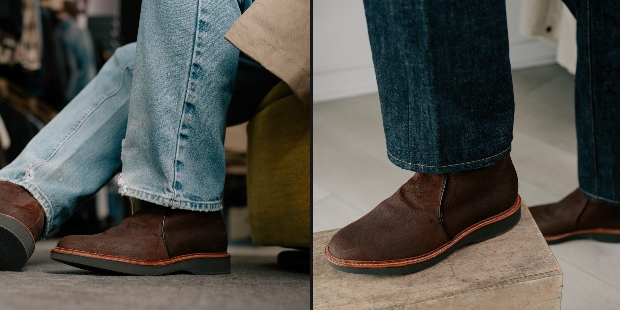 Brown chukka boots worn with jeans on a neutral background