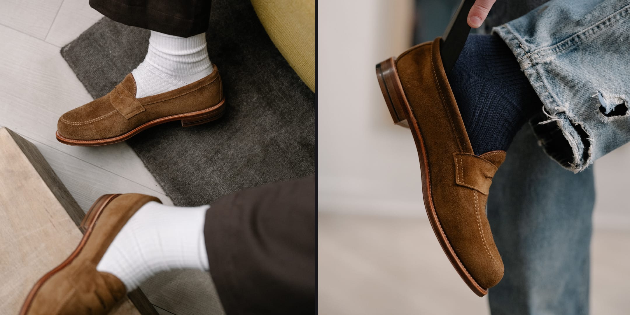 Brown loafers worn with white socks and dark pants, and with blue jeans.