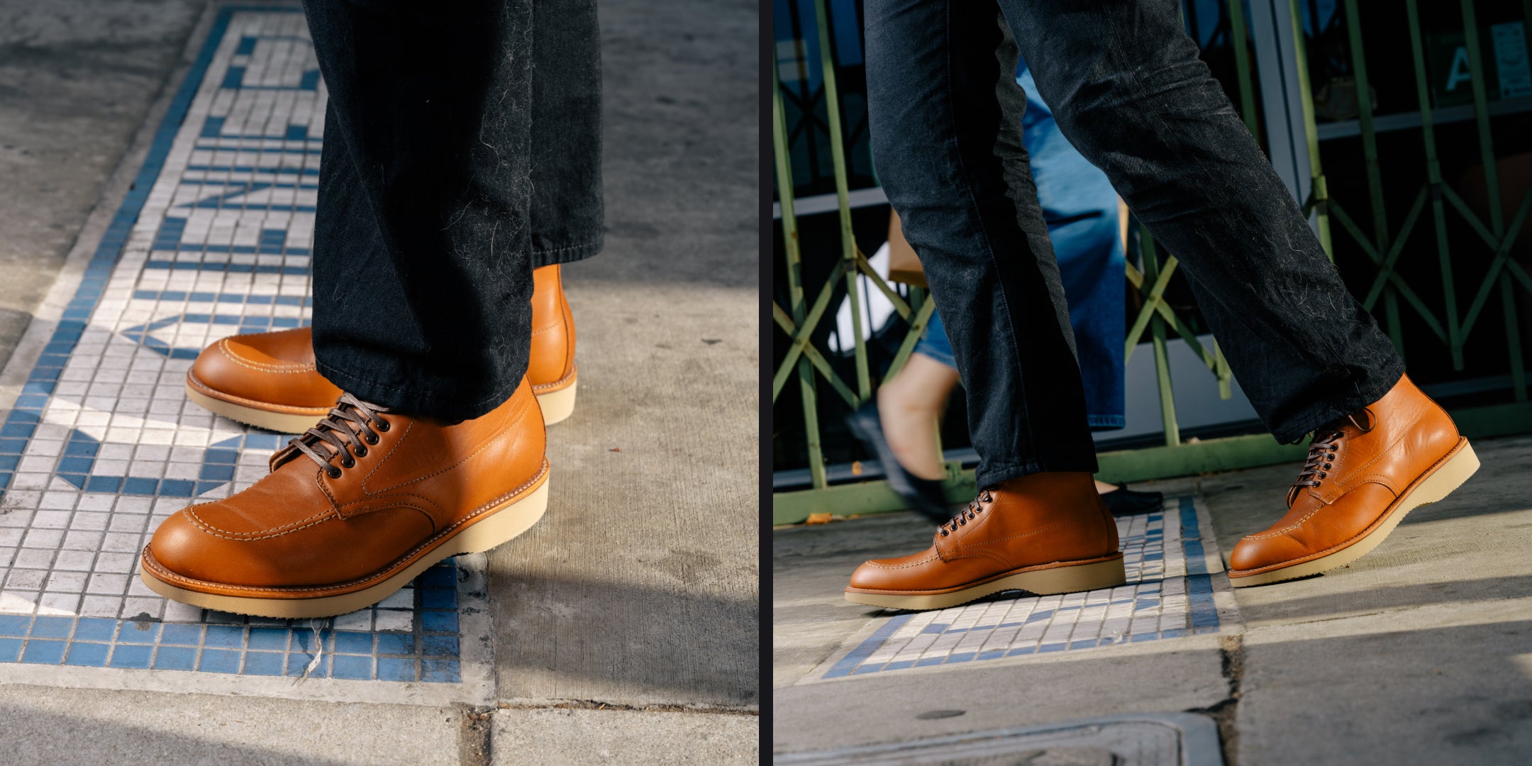 Brown leather shoes worn by a person on a tiled sidewalk.