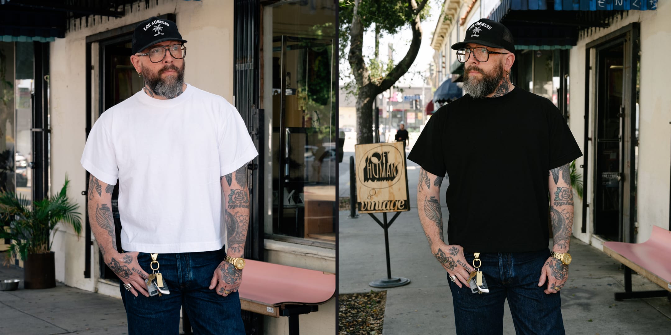 Man wearing a white t shirt and blue jeans next to a man wearing black t shirt and blue jeans