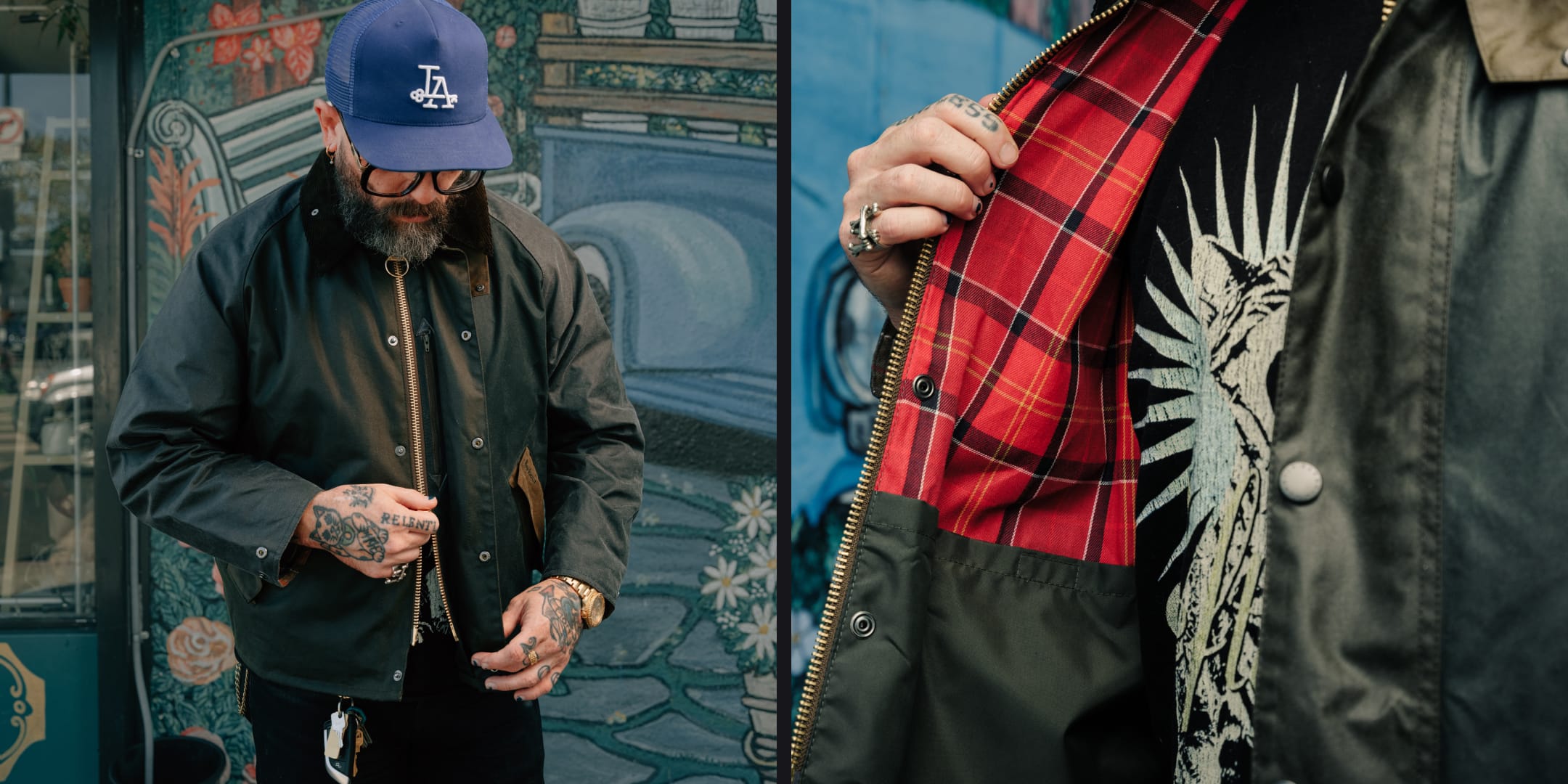 Person wearing a blue cap and black jacket with a tartan lining, standing against a colorful wall.