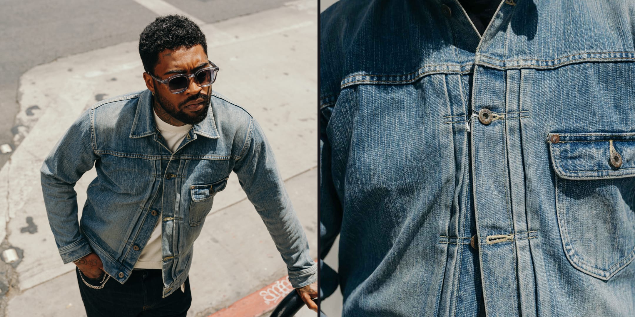 Man wearing a denim jacket outdoors with close-up of the jacket's details.