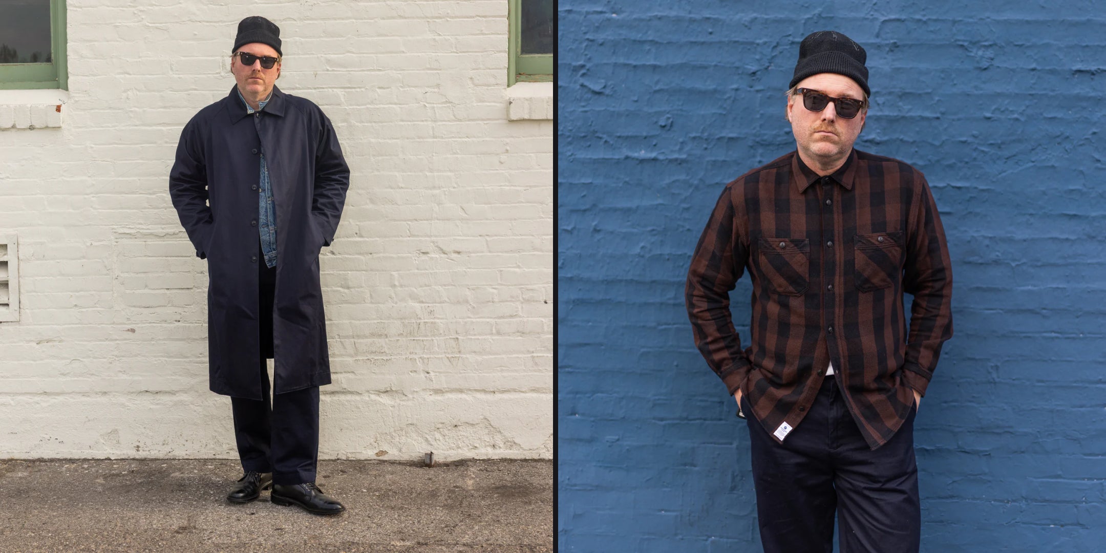 Two side-by-side images of a person wearing different outfits against different colored walls.