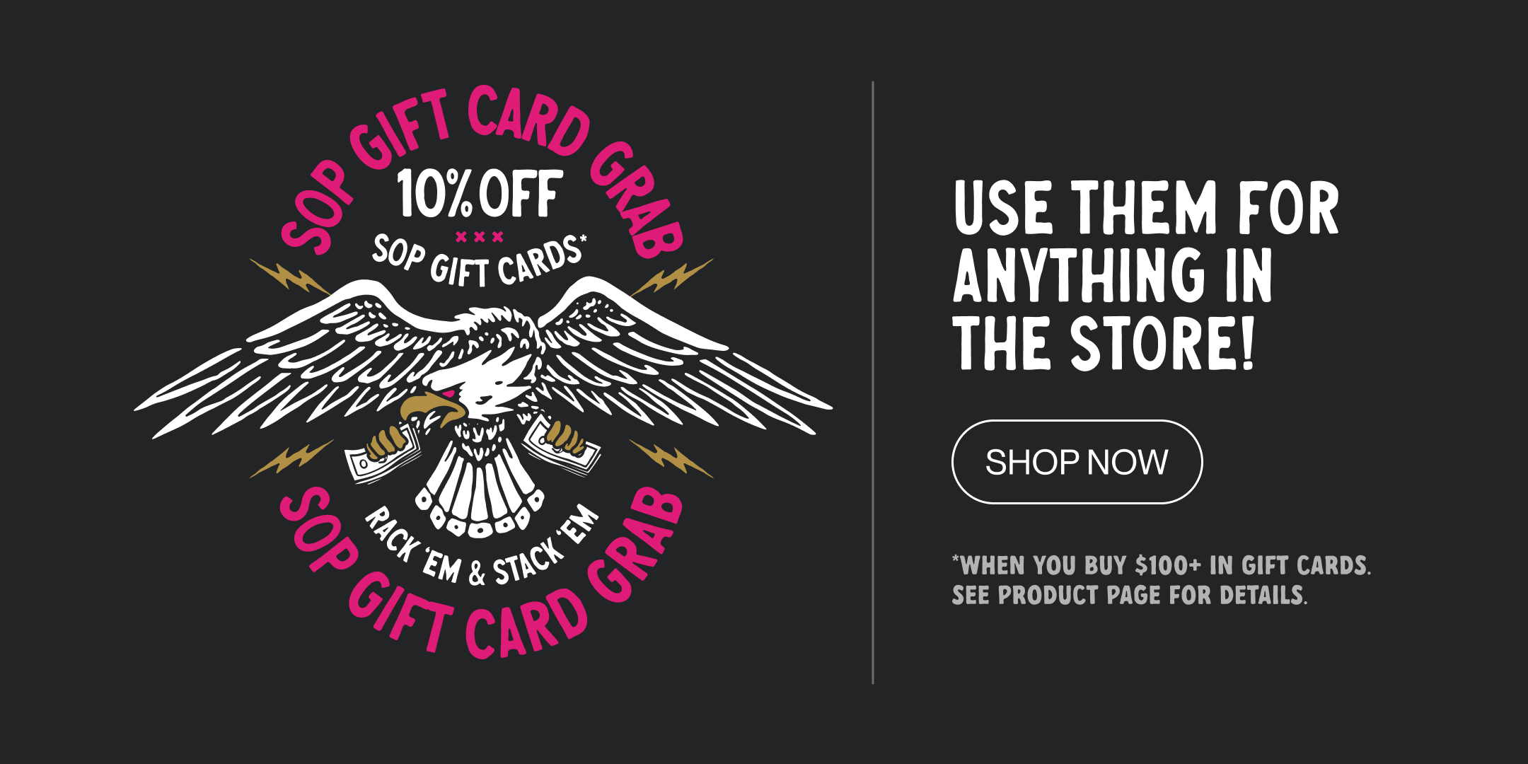 Promotional graphic for Sop Gift Cards on a dark charcoal background, featuring a large white eagle illustration with pink and white text offering 10% off and a 'SHOP NOW' button.
