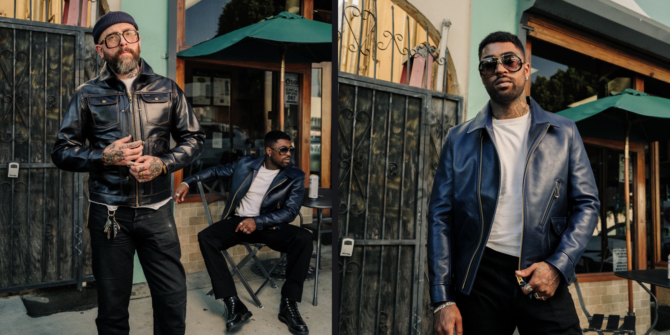 Two men in leather jackets standing outdoors with a casual setting.