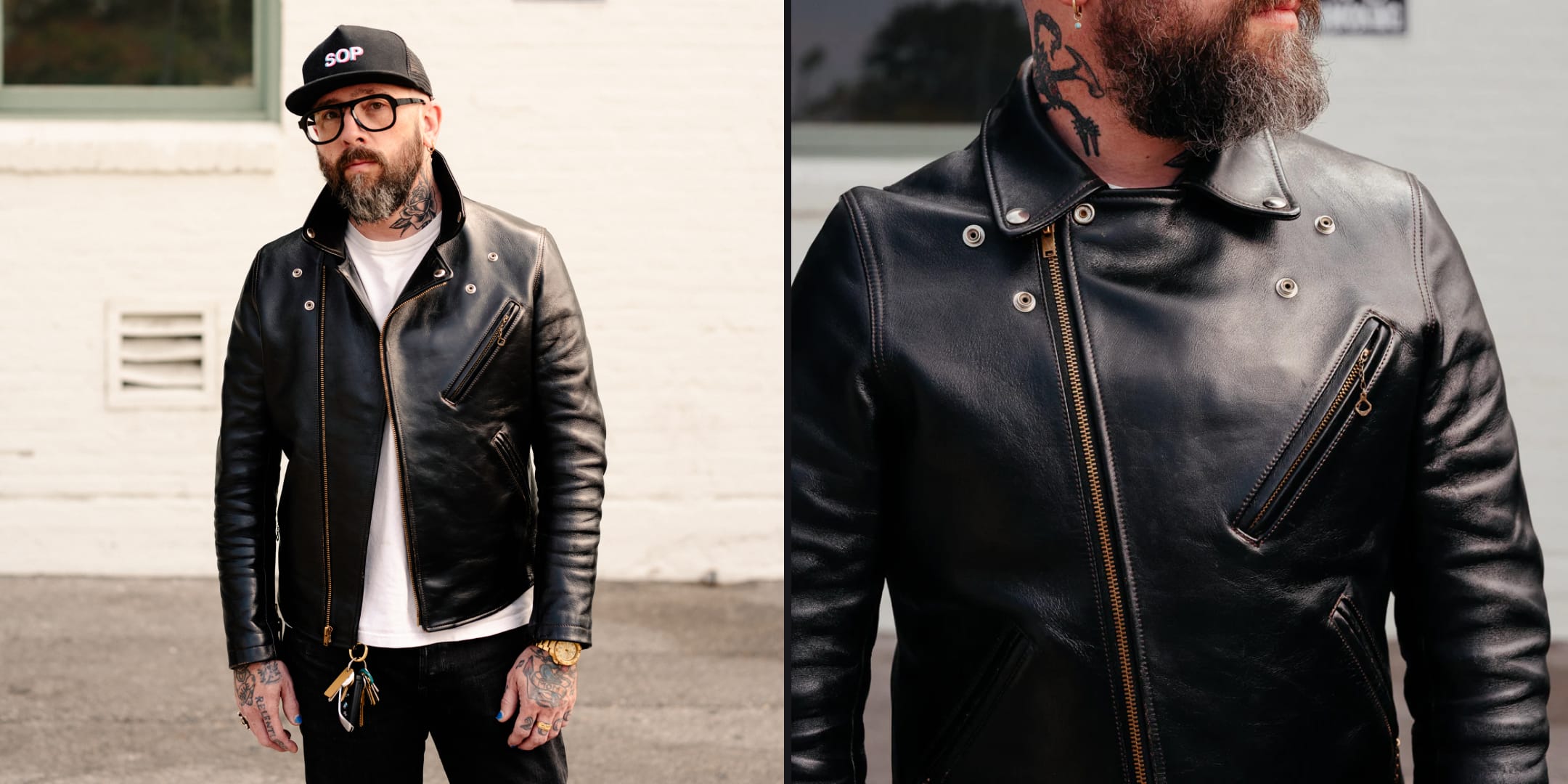 Man wearing a black leather jacket and cap, standing against a white wall.