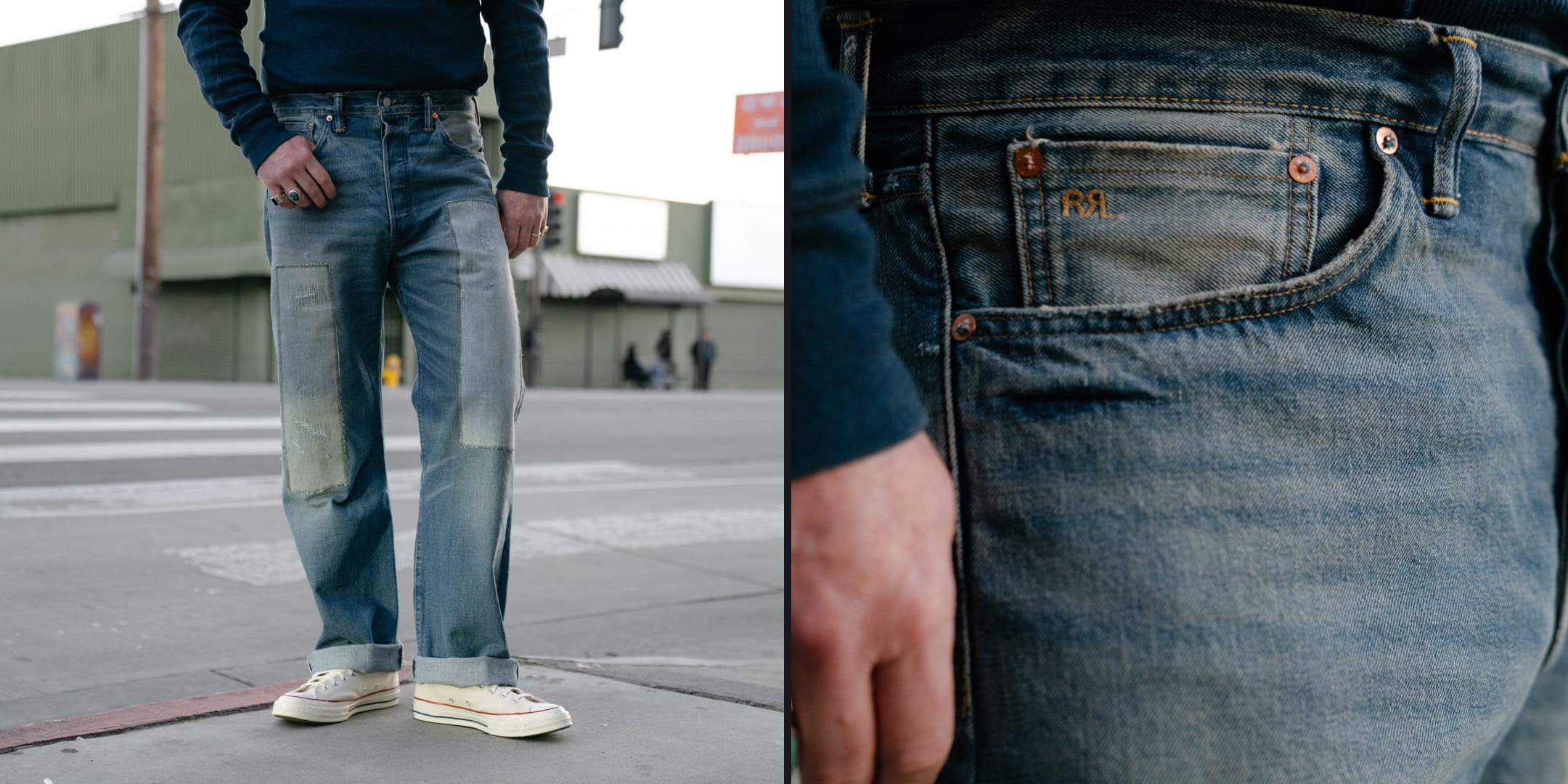 Person wearing blue jeans with a close-up of the pocket on a street background