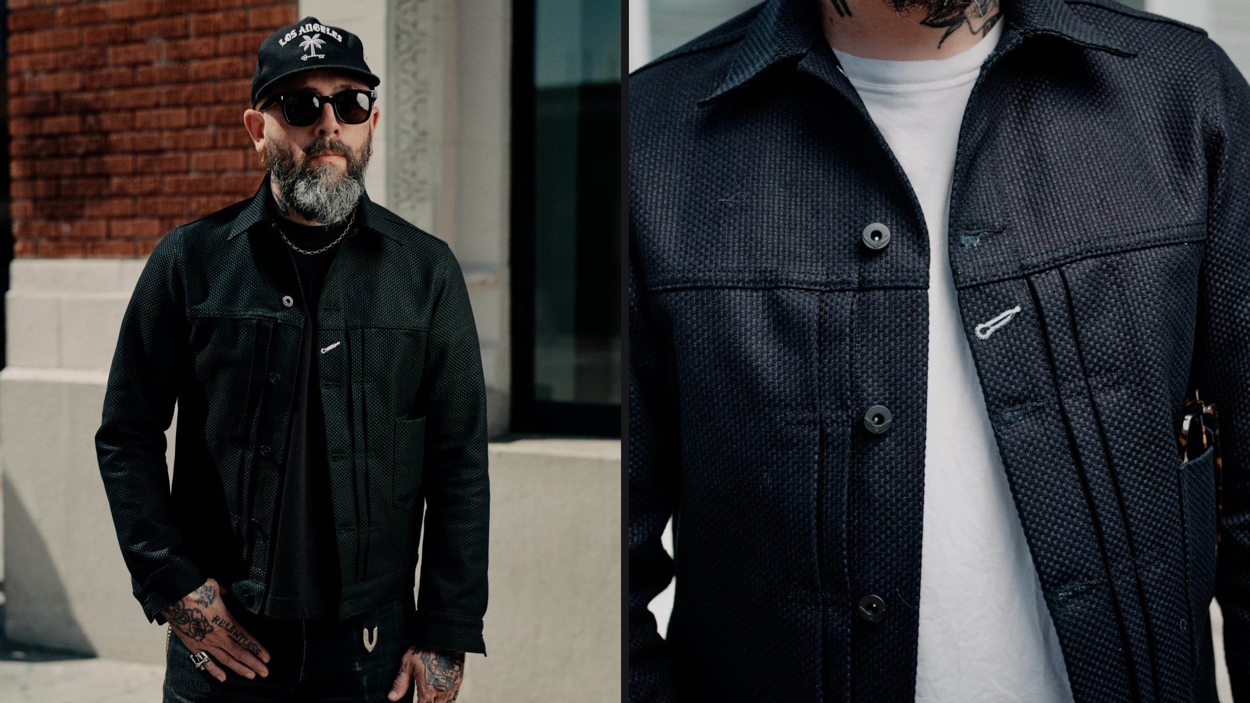 A man wearing a black textured button-up jacket over a white t-shirt, shown in a split-screen portrait. The left side shows him from the waist up wearing a black baseball cap and sunglasses, and the right side is a close-up of the jacket's chest and pocket details.