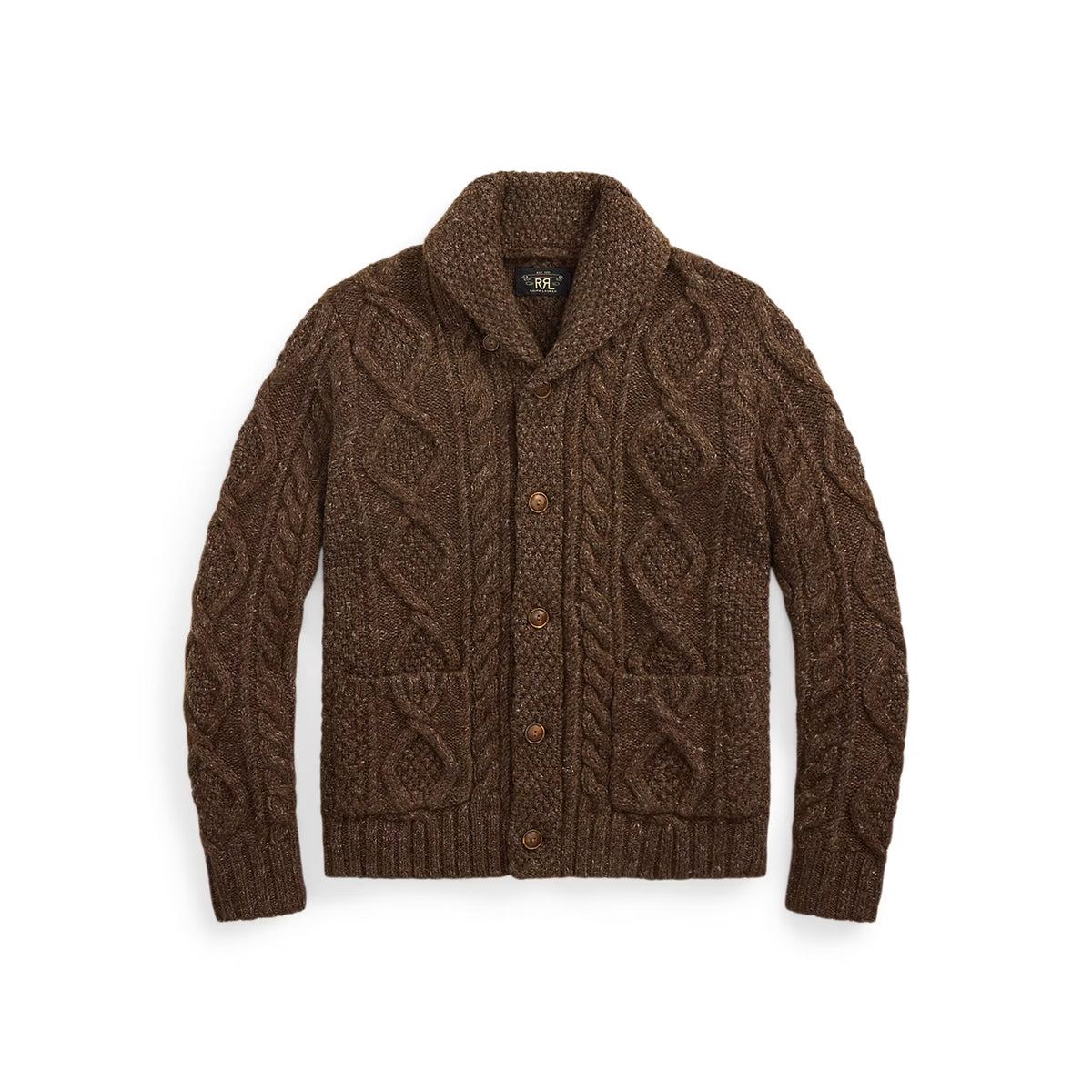 FALL 2025 RRL Cable Knit Shawl Collar Cardigan Sweater Brown Heather