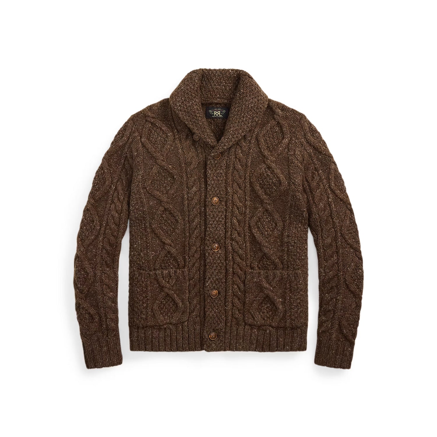 RRL Heathered Aran-Knit Shawl Cardigan Brown Heather