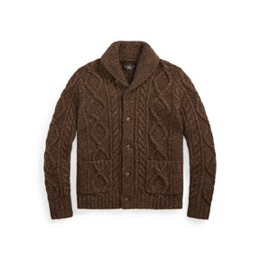 RRL Heathered Aran-Knit Shawl Cardigan Brown Heather
