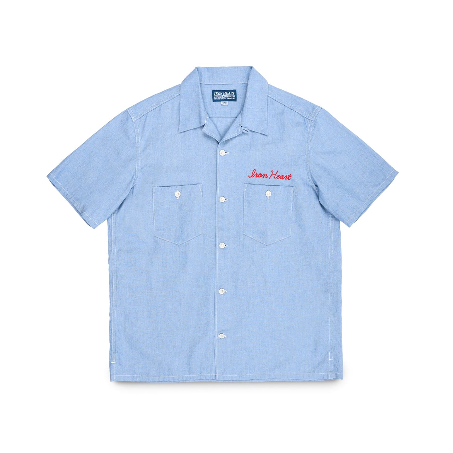 Iron Heart IHSH-447-SAX 5oz Cotton Linen Open Collar Short Sleeve Shirt Sax Blue