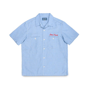 Iron Heart IHSH-447-SAX 5oz Cotton Linen Open Collar Short Sleeve Shirt Sax Blue