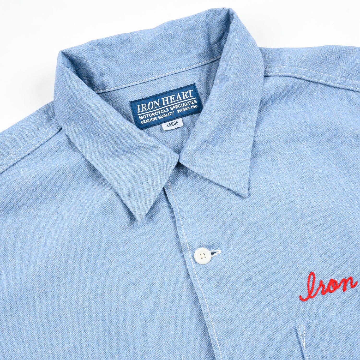 Iron Heart IHSH-447-SAX 5oz Cotton Linen Open Collar Short Sleeve Shirt Sax Blue