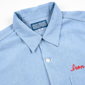 Iron Heart IHSH-447-SAX 5oz Cotton Linen Open Collar Short Sleeve Shirt Sax Blue