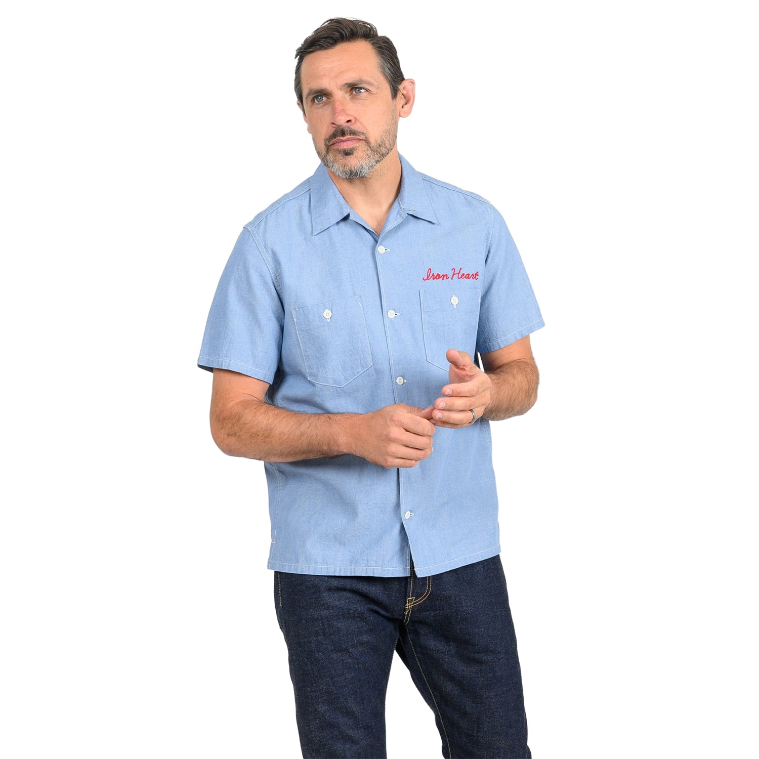 Iron Heart IHSH-447-SAX 5oz Cotton Linen Open Collar Short Sleeve Shirt Sax Blue