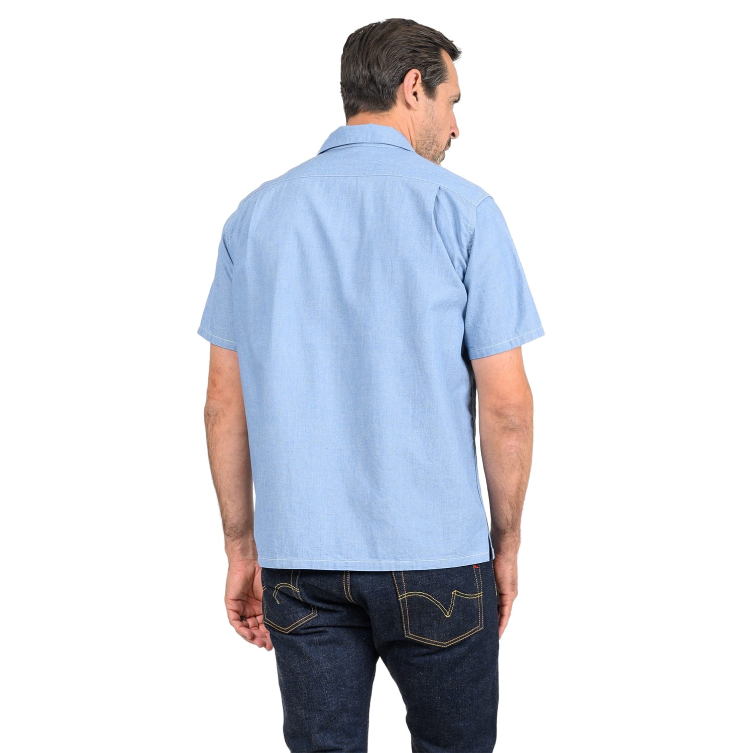 Iron Heart IHSH-447-SAX 5oz Cotton Linen Open Collar Short Sleeve Shirt Sax Blue