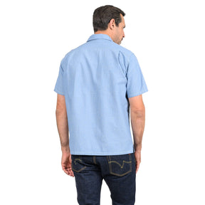 Iron Heart IHSH-447-SAX 5oz Cotton Linen Open Collar Short Sleeve Shirt Sax Blue