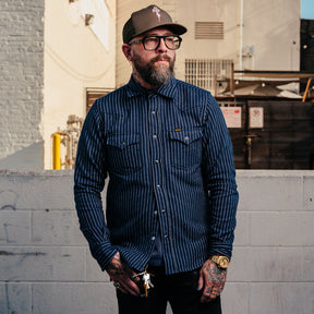 Iron Heart IHSH-401-NAV Ultra Heavy Flannel Chalk Stripe Western Shirt Navy FINAL SALE