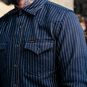 Iron Heart IHSH-401-NAV Ultra Heavy Flannel Chalk Stripe Western Shirt Navy FINAL SALE