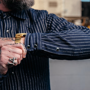 Iron Heart IHSH-401-NAV Ultra Heavy Flannel Chalk Stripe Western Shirt Navy FINAL SALE