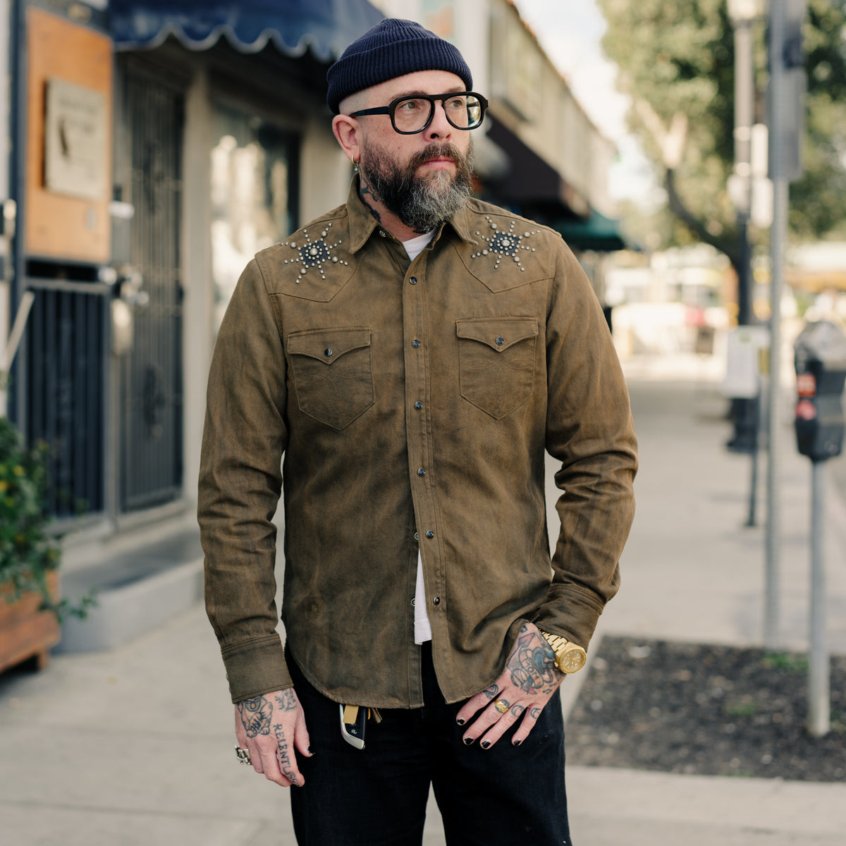 RRL Slim Studded Denim Western Shirt Distressed Brown