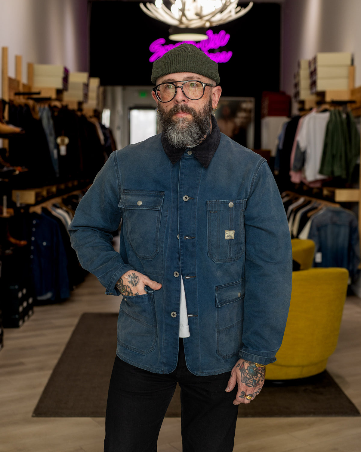 RRL Canvas Corduroy-Collar Engineer Jacket Faded Navy
