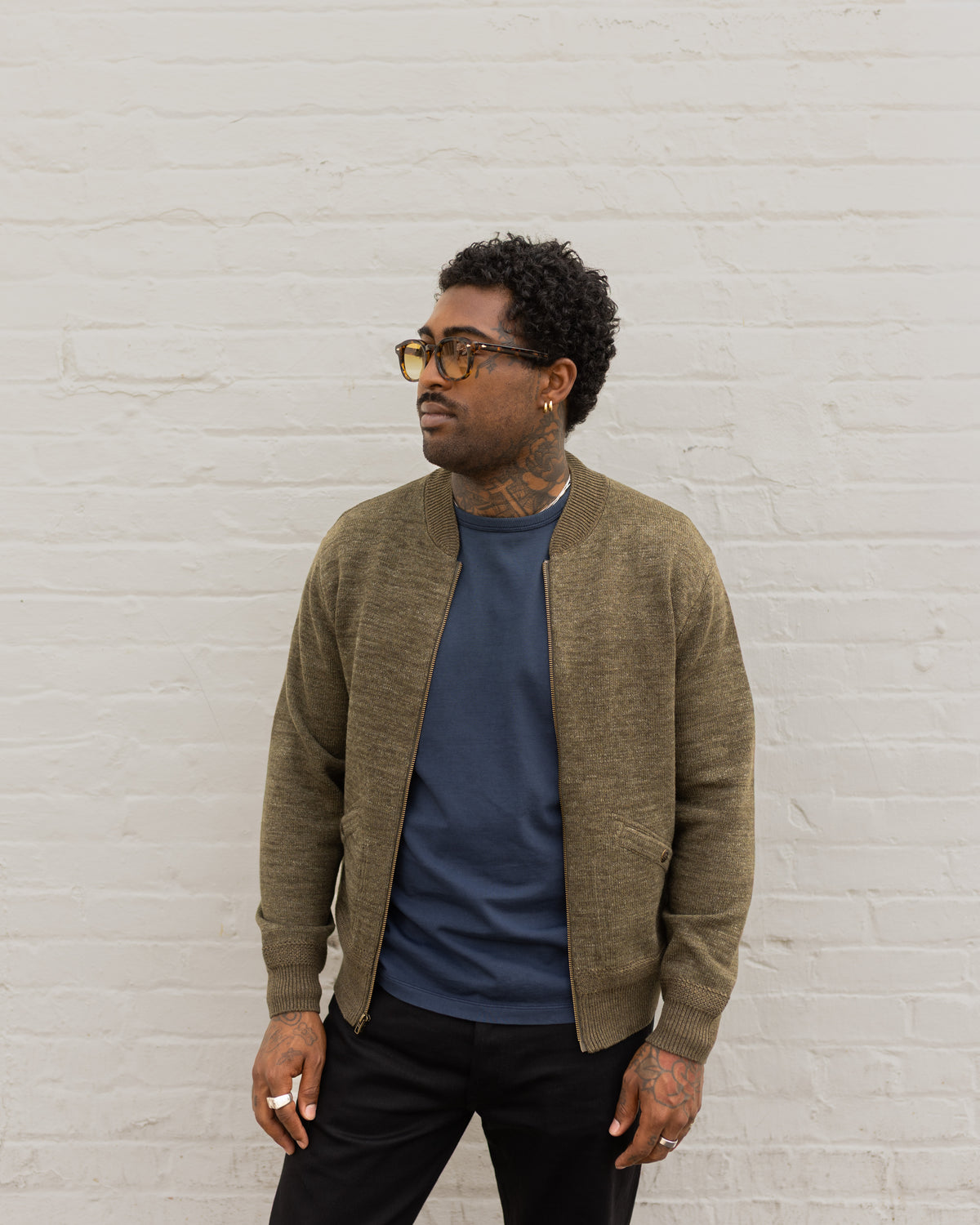 RRL Cotton-Wool Full-Zip Sweater Olive Heather