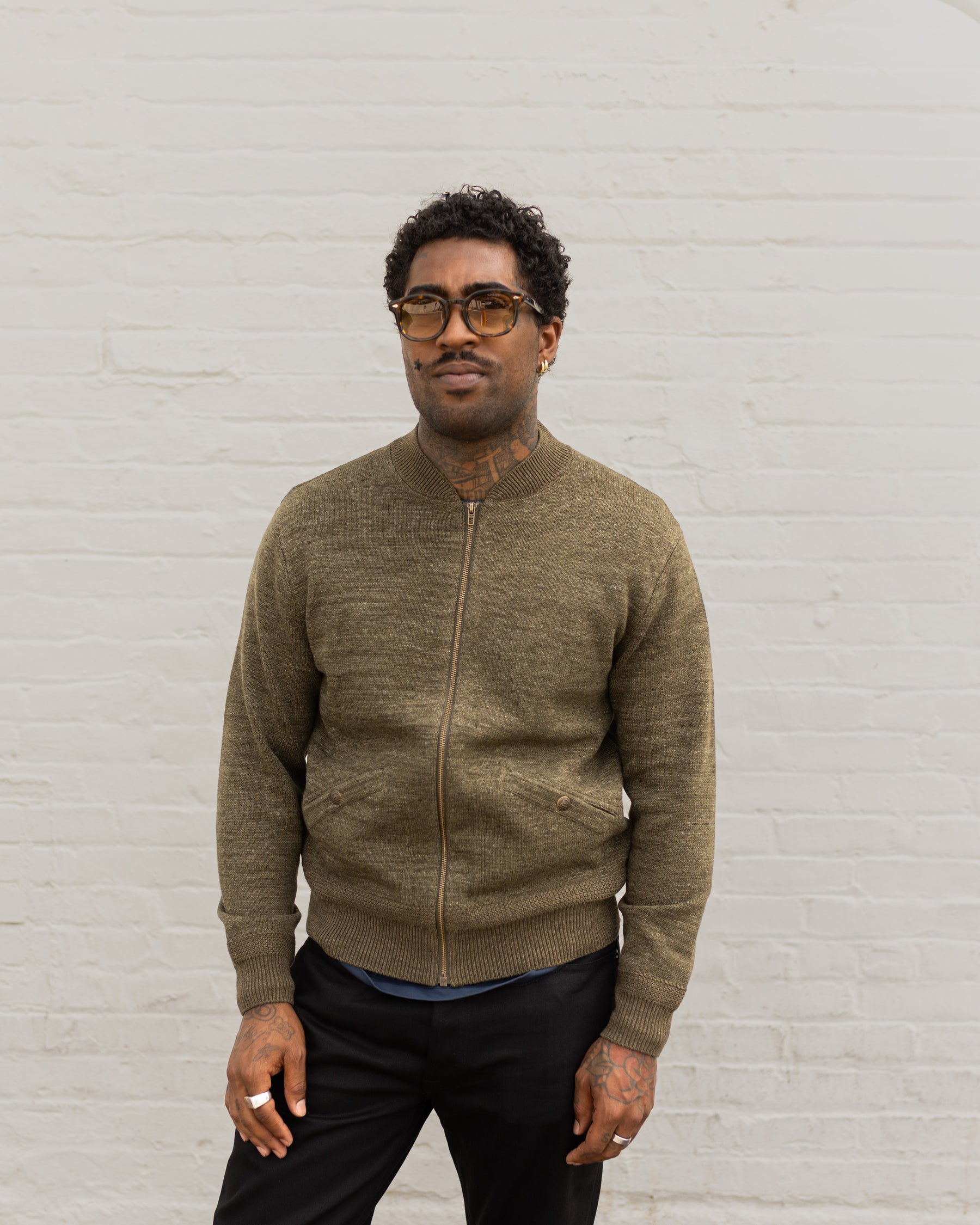 RRL Cotton-Wool Full-Zip Sweater Olive Heather