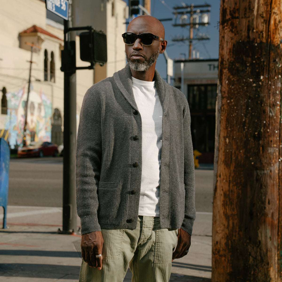 RRL Waffle-Knit Cashmere Shawl Cardigan Dark Grey Heather