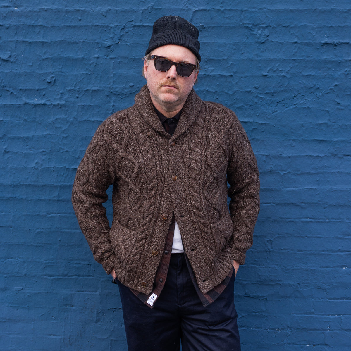 RRL Heathered Aran-Knit Shawl Cardigan Brown Heather