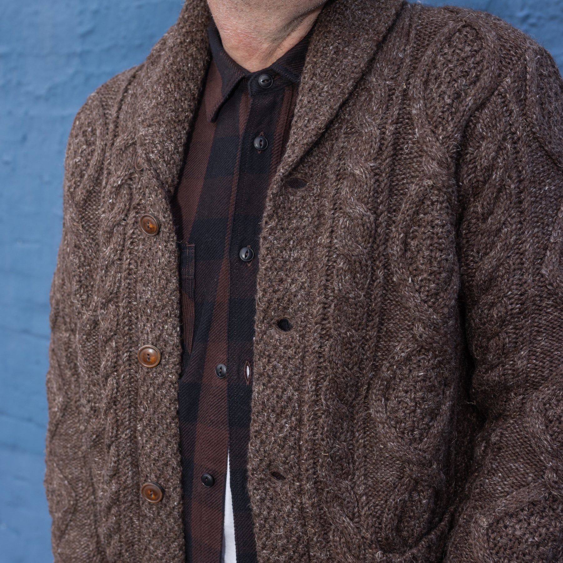 RRL Heathered Aran-Knit Shawl Cardigan Brown Heather