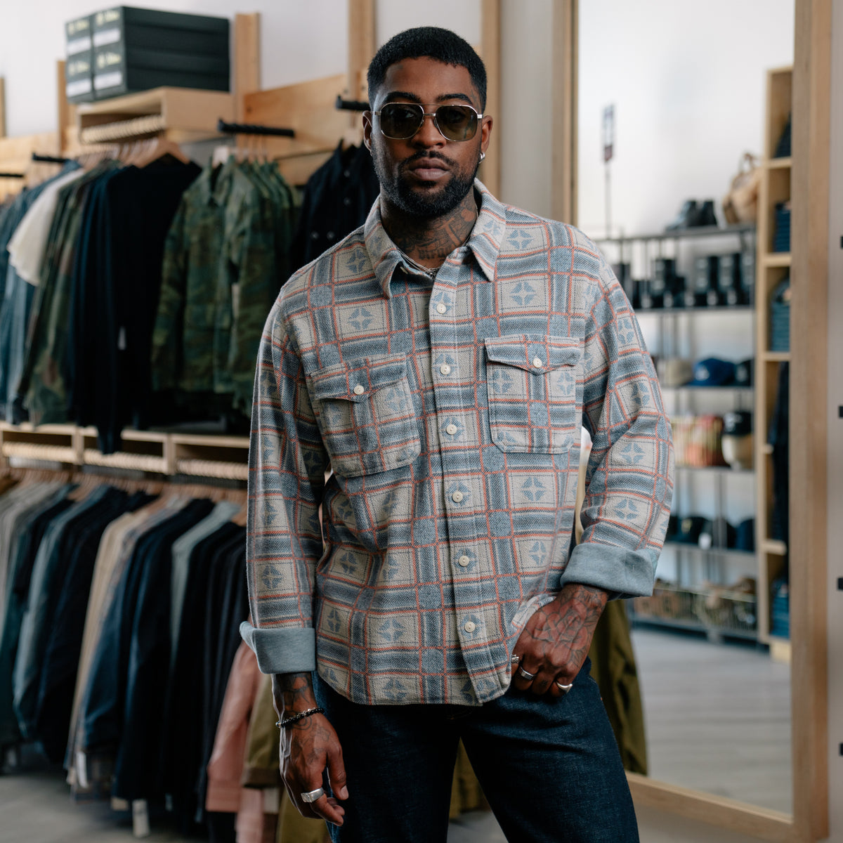 RRL Print Reverse-Terry Workshirt White/ Multi